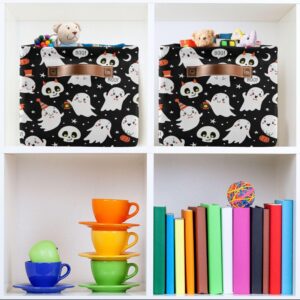 xigua Halloween Ghost Storage Basket Foldable Storage Bin, Canvas Rectangular Storage Basket with Leather Handles for Home Closet & Office Decoration