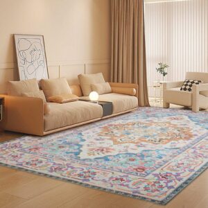 JSSONPKQ 9x12 Rug Soft Area Rugs 9x12 Living Room Clearance Vintage Washable 9x12 Area Rug Boho Rugs for Living Room Non-Slip Rug Large Area Rug 9x12 for Living Room, Dining Room, Bedroom, Pink Blue