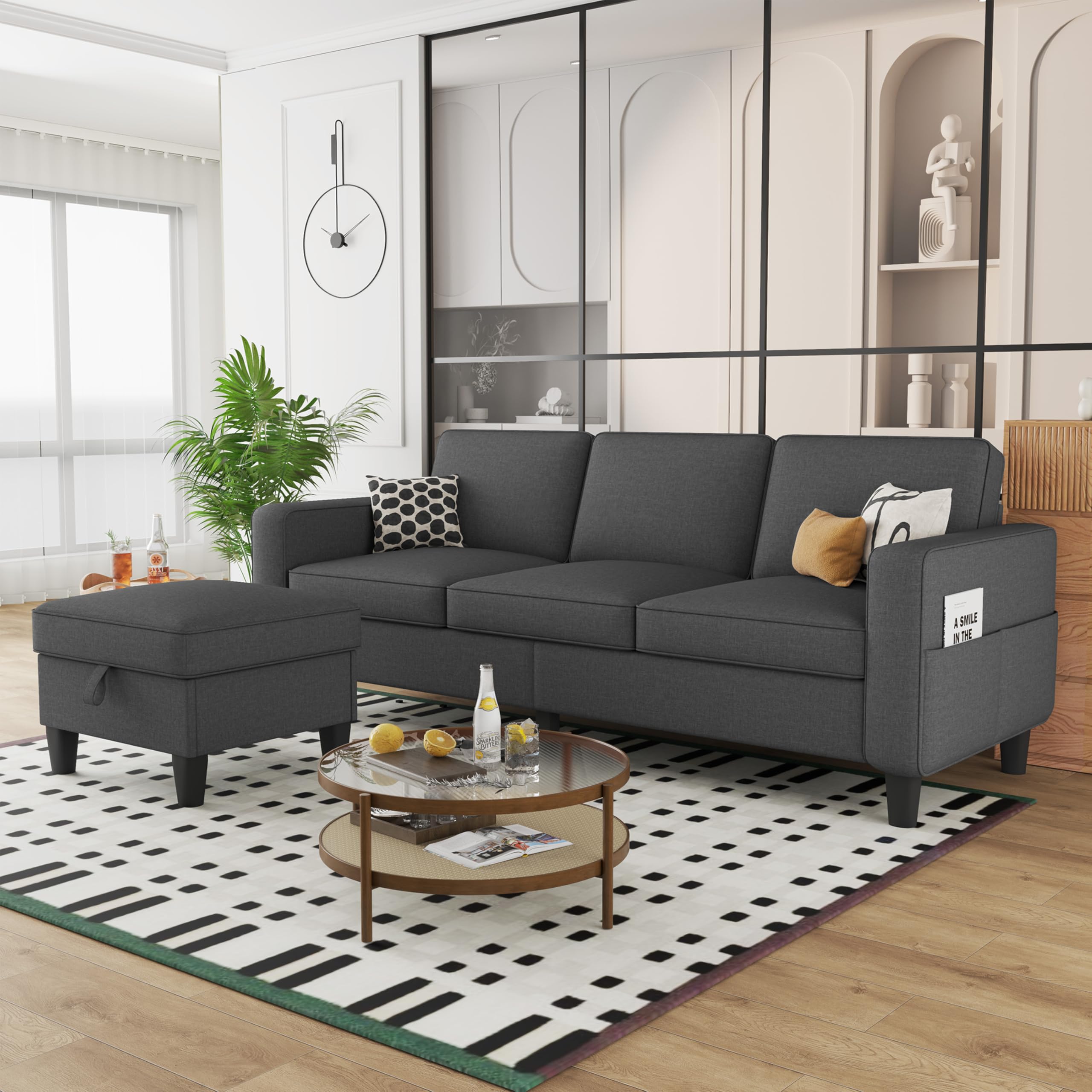 ZeeFu Convertible Sectional Sofa Couch: Dark Gray 3Seat L-Shaped Sectional Sofa Couches with Storage Ottoman - Modern Linen Fabric Small Sofa Furniture Set for Living Room Office Small Space Apartment