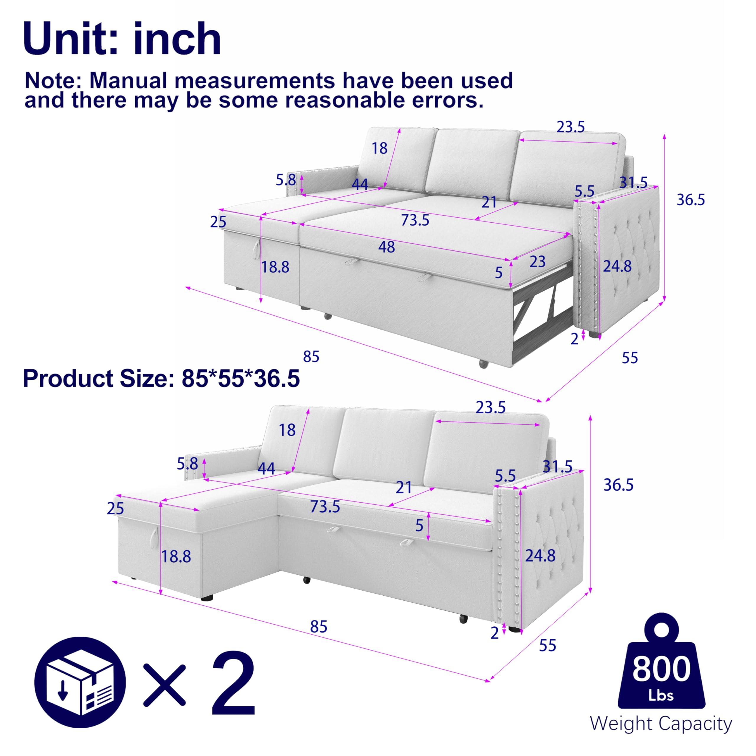 lunhung 85" L-Shaped Sofa Bed, Reversible Modular Sofa Bed with Pull-Out Bed, Storage Sofa Lounge Chair, Chenille, tylish Square Armrests with Nailhead Design for Living Room (Chenille-Light Gray)