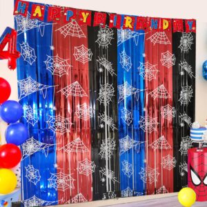 spider web birthday decorations backdrop 2 pack spider party supplies red blue and black halloween tinsel foil fringe curtains party streamers background for boys spider theme party decorations