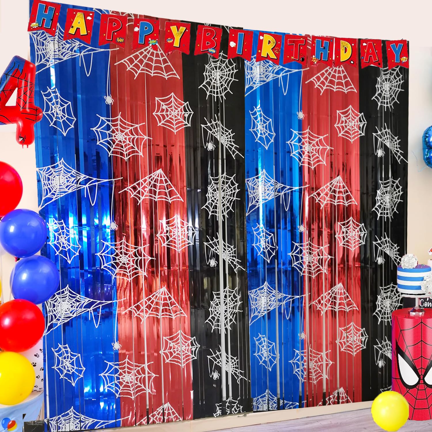 Spider Web Birthday Decorations Backdrop 2 Pack Spider Party Supplies Red Blue and Black Halloween Tinsel Foil Fringe Curtains Party Streamers Background for Boys Spider Theme Party Decorations