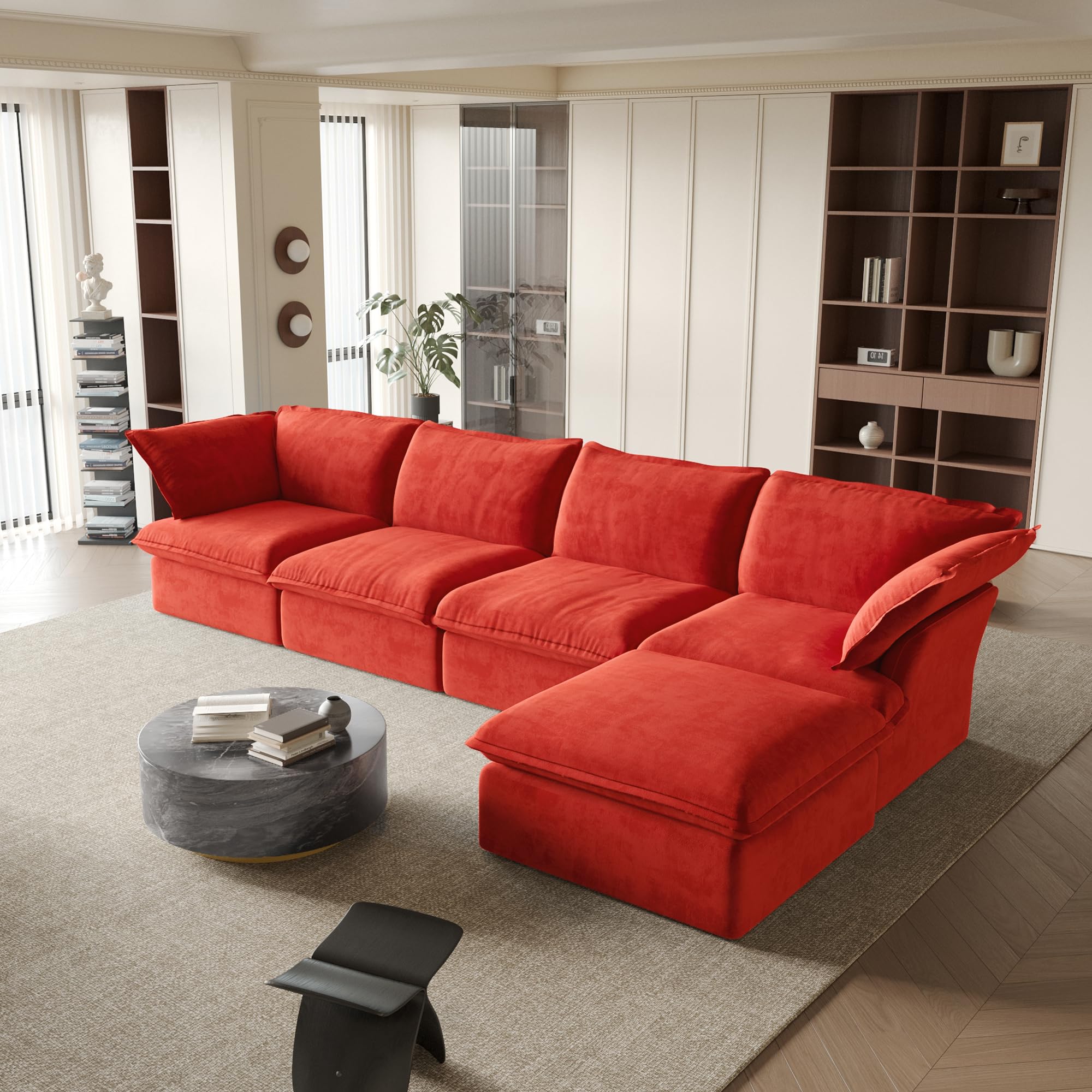 JACH L-Shaped Velvet Sectional Couches, Modular Couch Sectional, Deep 4 Seats Sofa with Storage Ottoman, Cushion Covers Removable, Two Corners and Two Middle Sofa for Living Room (Red)