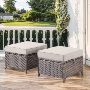 outdoor patio ottoman set of 2-rattan wicker ottoman foot rest with removable cushions cover outdoor footstool for deck balcony poolside backyard-brown/beige