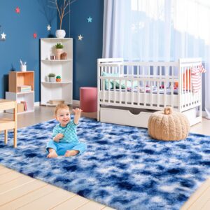 Blue White Rug for Living Room Fluffy 4x6 ft Bedroom Rug Non-Slip Fuzzy Area Rugs Shag Carpet for Nursery Kids Play Room Dorm Office Indoor 1.7'' Thick Soft Modern Plush Carpets