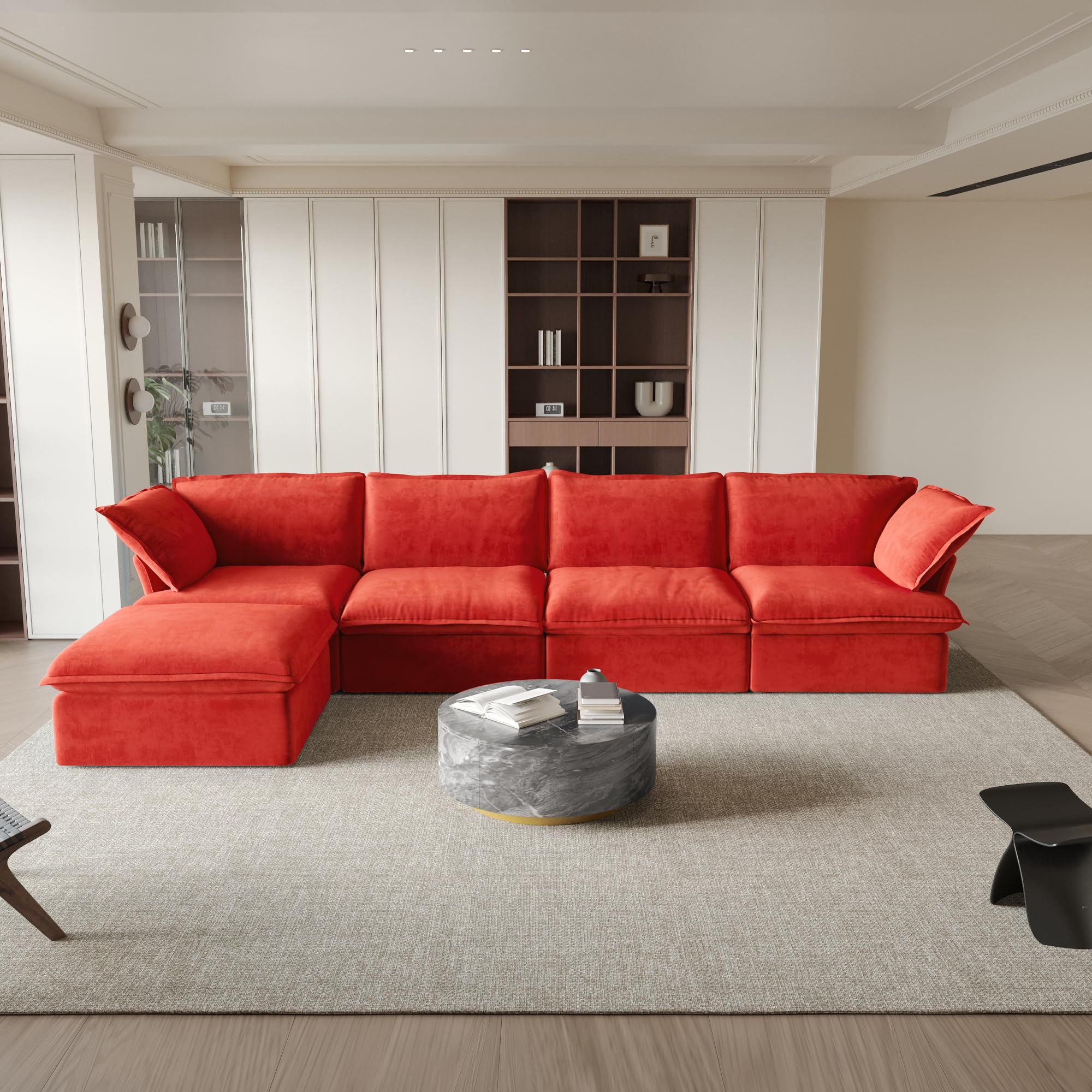 JACH L-Shaped Velvet Sectional Couches, Modular Couch Sectional, Deep 4 Seats Sofa with Storage Ottoman, Cushion Covers Removable, Two Corners and Two Middle Sofa for Living Room (Red)