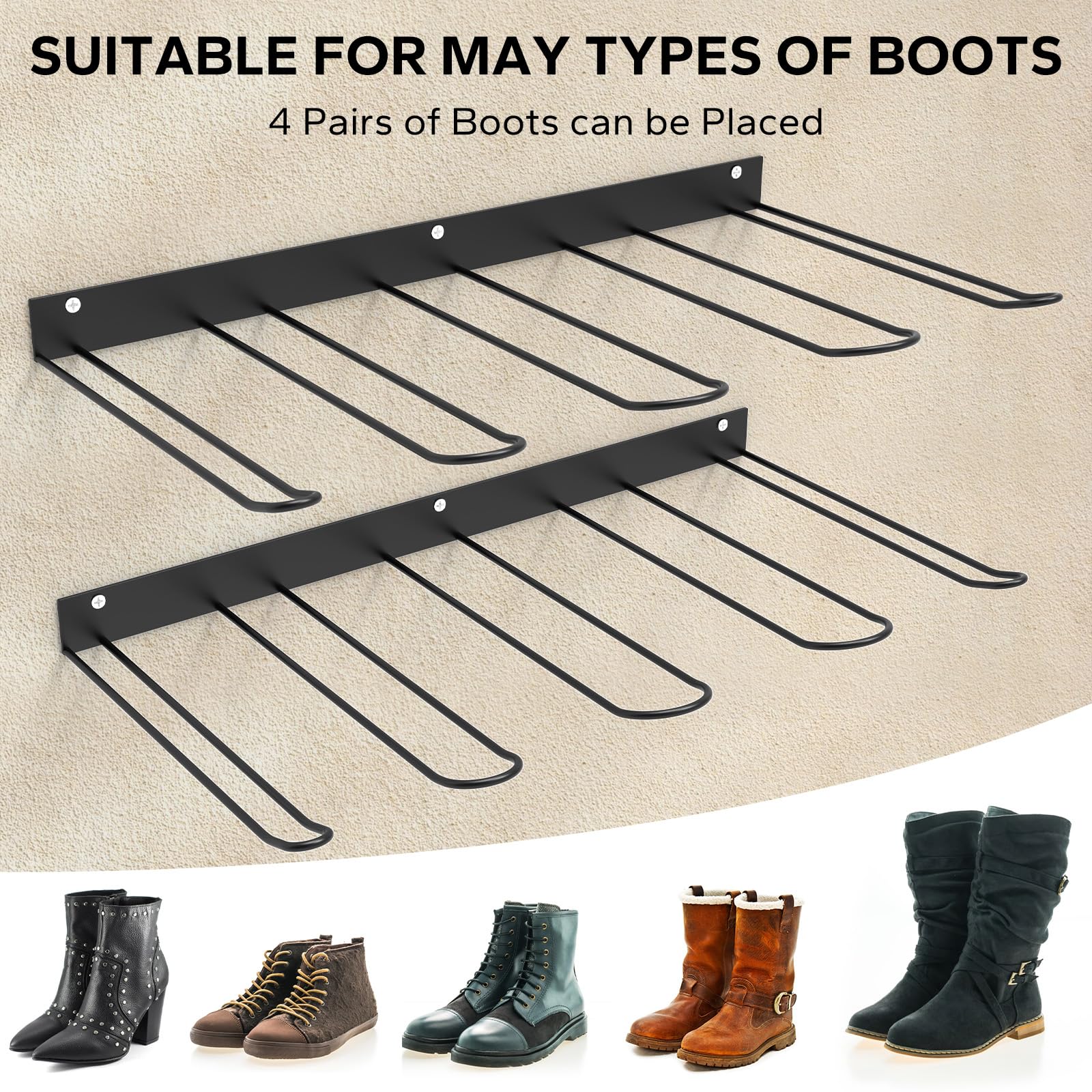 VANSHINIEER 2 Pack Boot Rack Wader Hangers Wall Mounted Shoe Rack, Metal Boot Hangers for Tall Boots and Cowboy Boot, 4 Pair Boot Storage Organizer for Closet Entryway Indoor Garage