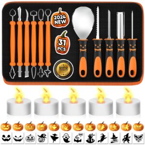 halloween pumpkin carving kit tools: 31 pcs heavy duty stainless steel pumpkin carving tools with stencils, candle lights, storage bag, diy pumpkin decorating kit halloween gifts for kids and adults