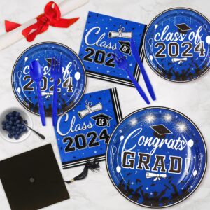 LELEMON Graduation Party Supplies Serves 25 Graduation Party Blue Class of 2024 Tableware Disposable Dinner Plates Dessert Plates Napkins Knife Fork Spoon for Congrats Grad Party Decorations