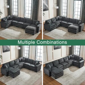 Hujota Oversized Modular Sectional Sofa, Modern U-Shaped Corduroy 7-Seat Sofa Couch with Ottoman & 3 toss Pillows, Deep Sofa Lounger, Comfy Upholstered Sofa for Living Room Apartmen (Grey)