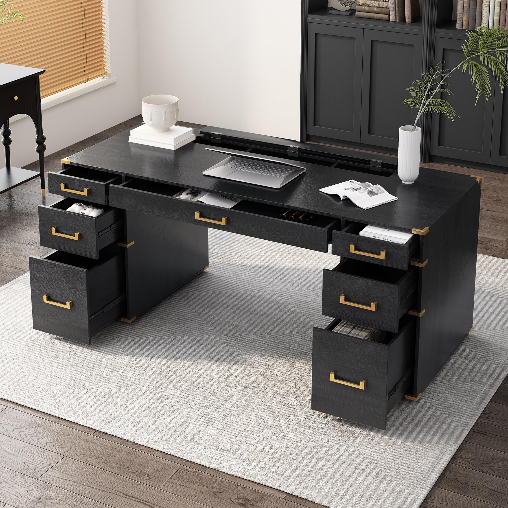 70" Classic and Traditional Executive Desk with Metal Edge Trim, Writing Desk with 7 Drawers, USB Port and Outlets, Desk with Hidden Compartment for Living Room, Home Office, Study Room, Black