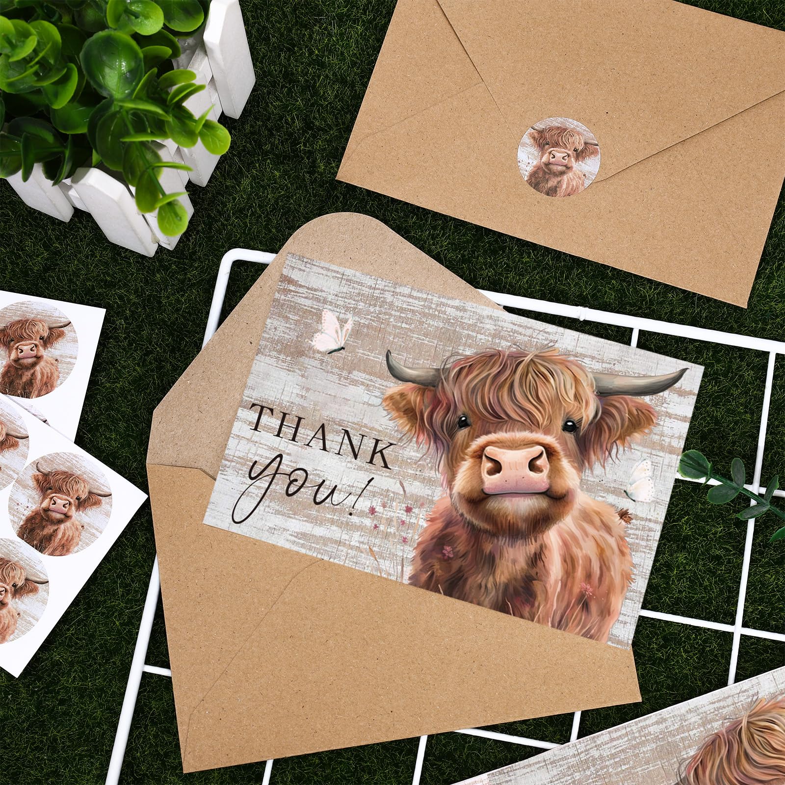 Whaline 36Pack Highland Cow Thank You Greeting Cards with Envelopes Stickers Wood Grain Farm Animal Blank Note Cards for Christmas Wedding Bridal Baby Shower Small Business Birthday Farmhouse Party