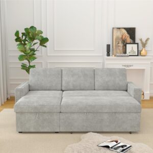 lunhung 85" L-Shaped Sofa Bed, Reversible Modular Sofa Bed with Pull-Out Bed, Storage Sofa Lounge Chair, Chenille, tylish Square Armrests with Nailhead Design for Living Room (Chenille-Light Gray)