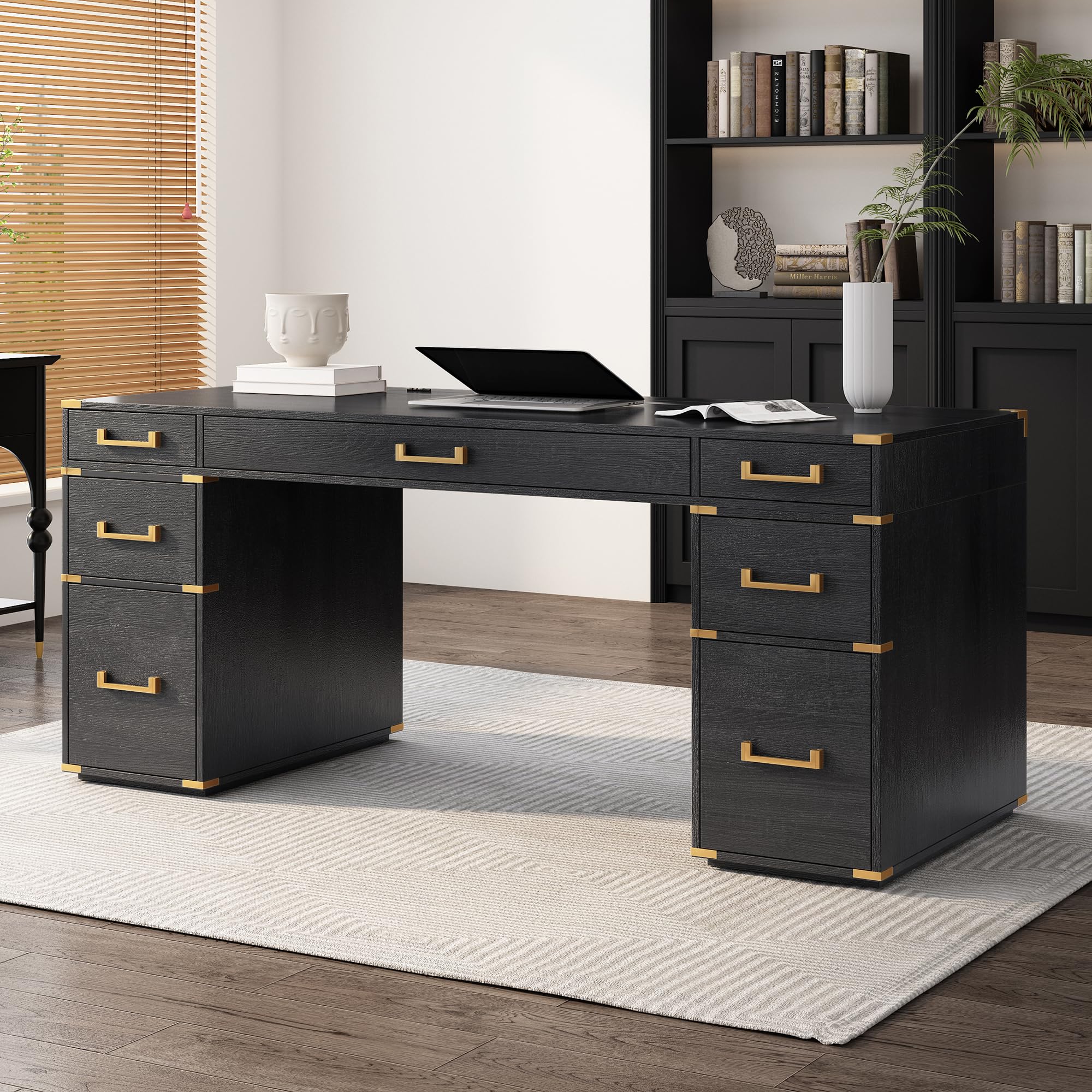 70" Classic and Traditional Executive Desk with Metal Edge Trim, Writing Desk with 7 Drawers, USB Port and Outlets, Desk with Hidden Compartment for Living Room, Home Office, Study Room, Black