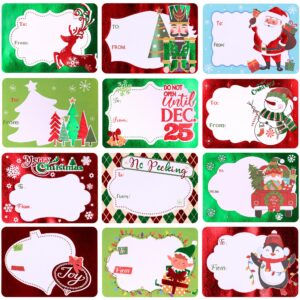 foil christmas gift tags stickers for presents- 96 xmas peel and stick name tags, self adhesive to and from labels, holiday gift wrapping name stickers, christmas santa tags,12 jumbo designs