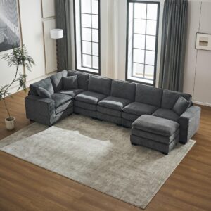 Hujota Oversized Modular Sectional Sofa, Modern U-Shaped Corduroy 7-Seat Sofa Couch with Ottoman & 3 toss Pillows, Deep Sofa Lounger, Comfy Upholstered Sofa for Living Room Apartmen (Grey)