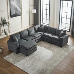 Hujota Oversized Modular Sectional Sofa, Modern U-Shaped Corduroy 7-Seat Sofa Couch with Ottoman & 3 toss Pillows, Deep Sofa Lounger, Comfy Upholstered Sofa for Living Room Apartmen (Grey)