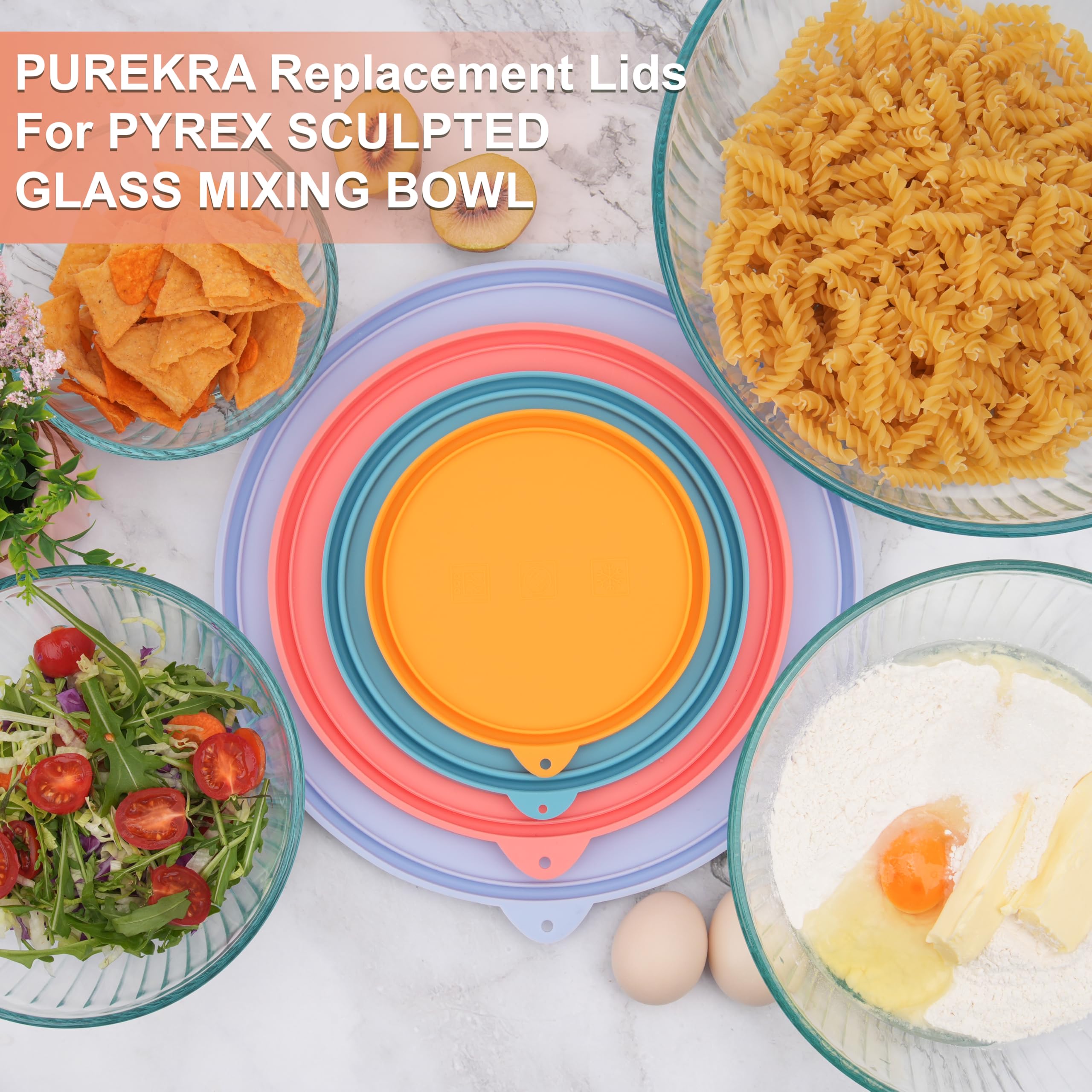 Purekra 3 Pack Silicone Replacement Lids for Pyrex 7402-S 1.3 Qt, 7403-S 2.3 Qt, 7404-S 4.5 Qt Sculpted Tinted Glass Mixing Bowls (BOWL NOT INCLUDED)