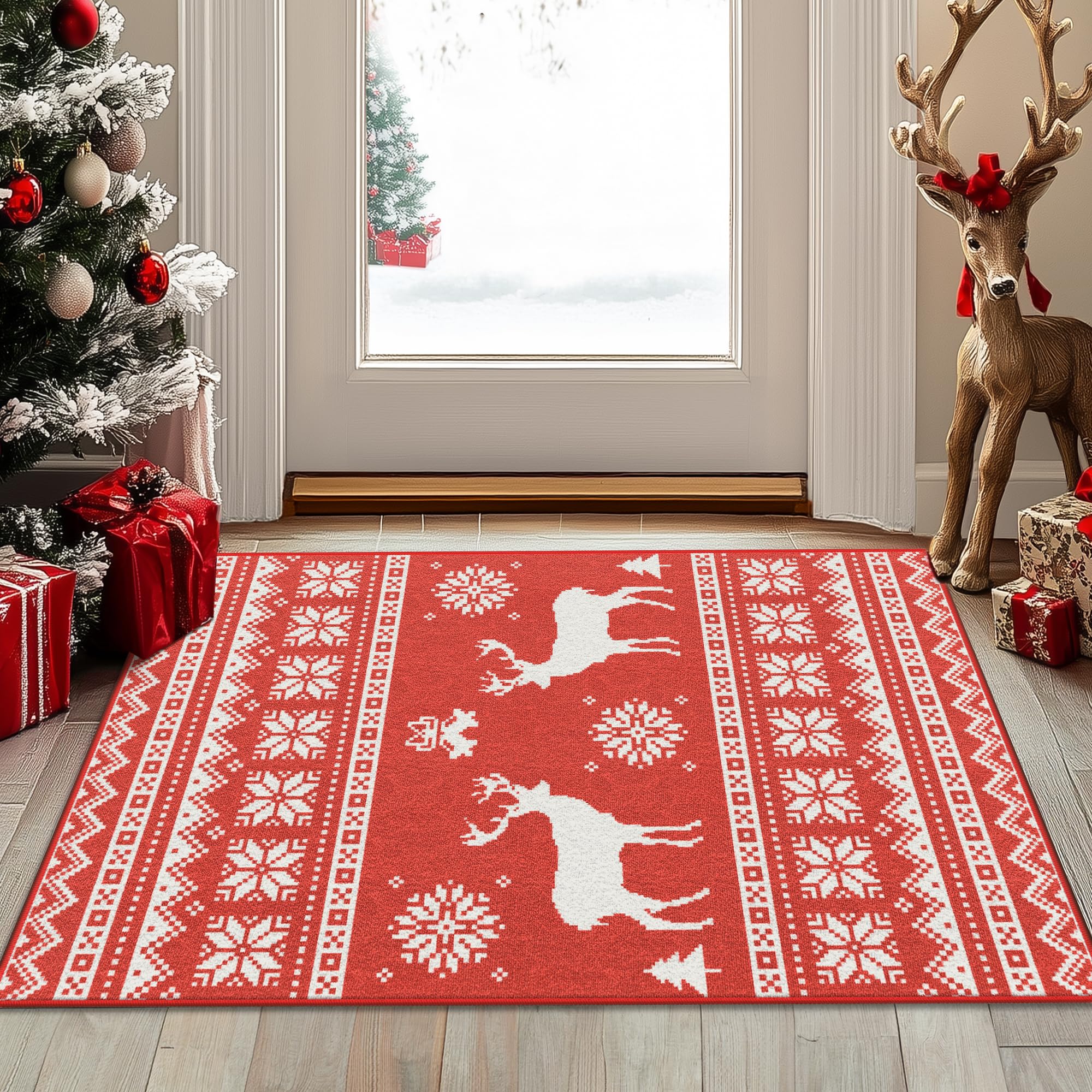 Bavni 2X3 Entryway Rug, Holiday Christmas Rug for Fireplace Bedroom, Non-Slip Small Area Rug, Soft Aesthetic Xmas Festive Carpet, Machine Washable Rug for Indoor Decor, Xmas Red