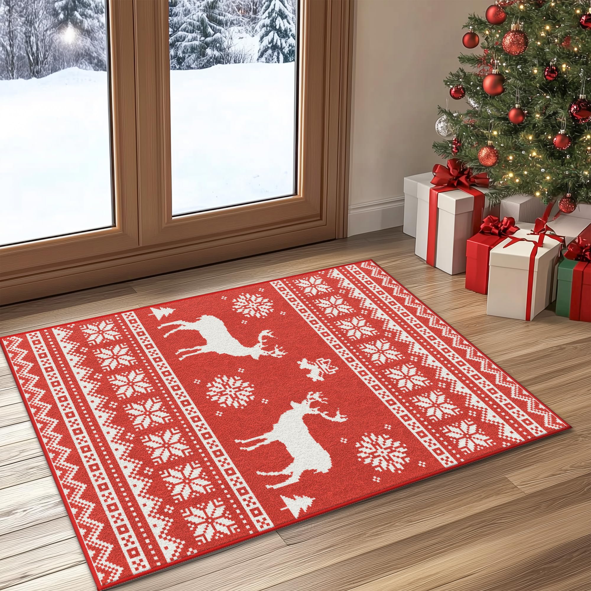 Bavni 2X3 Entryway Rug, Holiday Christmas Rug for Fireplace Bedroom, Non-Slip Small Area Rug, Soft Aesthetic Xmas Festive Carpet, Machine Washable Rug for Indoor Decor, Xmas Red