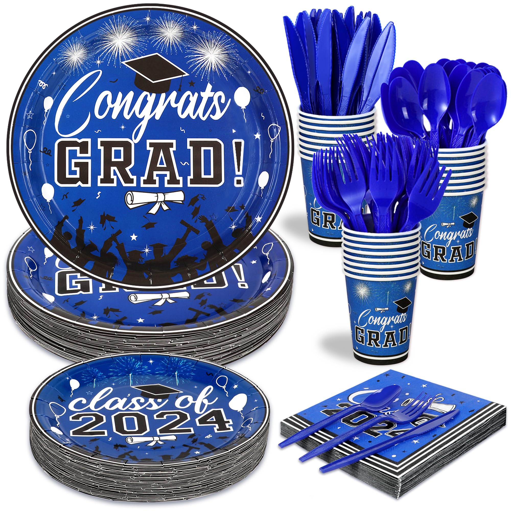 LELEMON Graduation Party Supplies Serves 25 Graduation Party Blue Class of 2024 Tableware Disposable Dinner Plates Dessert Plates Napkins Knife Fork Spoon for Congrats Grad Party Decorations