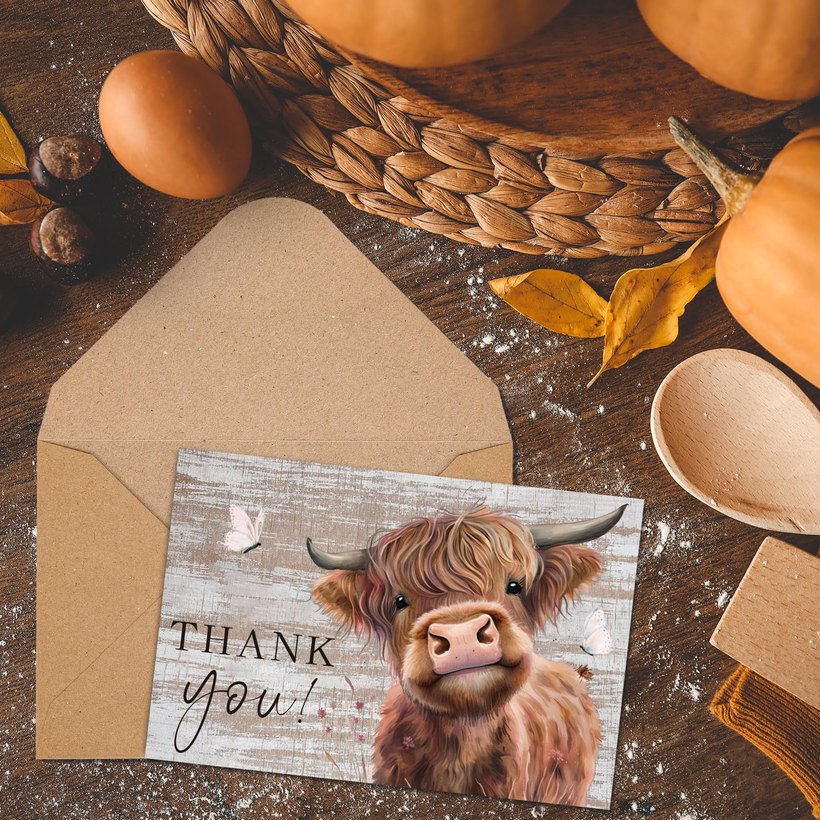 Whaline 36Pack Highland Cow Thank You Greeting Cards with Envelopes Stickers Wood Grain Farm Animal Blank Note Cards for Christmas Wedding Bridal Baby Shower Small Business Birthday Farmhouse Party