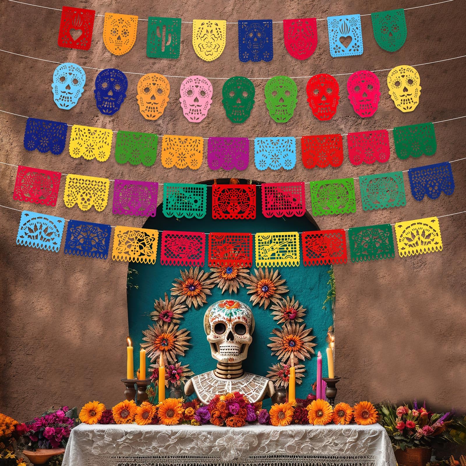 SEPGLITTER 5 Packs Mexican Party Banners, Felt Fiesta Banner Papel Picado Banners Cinco de Mayo Dia De Los Muertos Decor for Day of The Dead Wedding and Mexican Theme Party Supplies