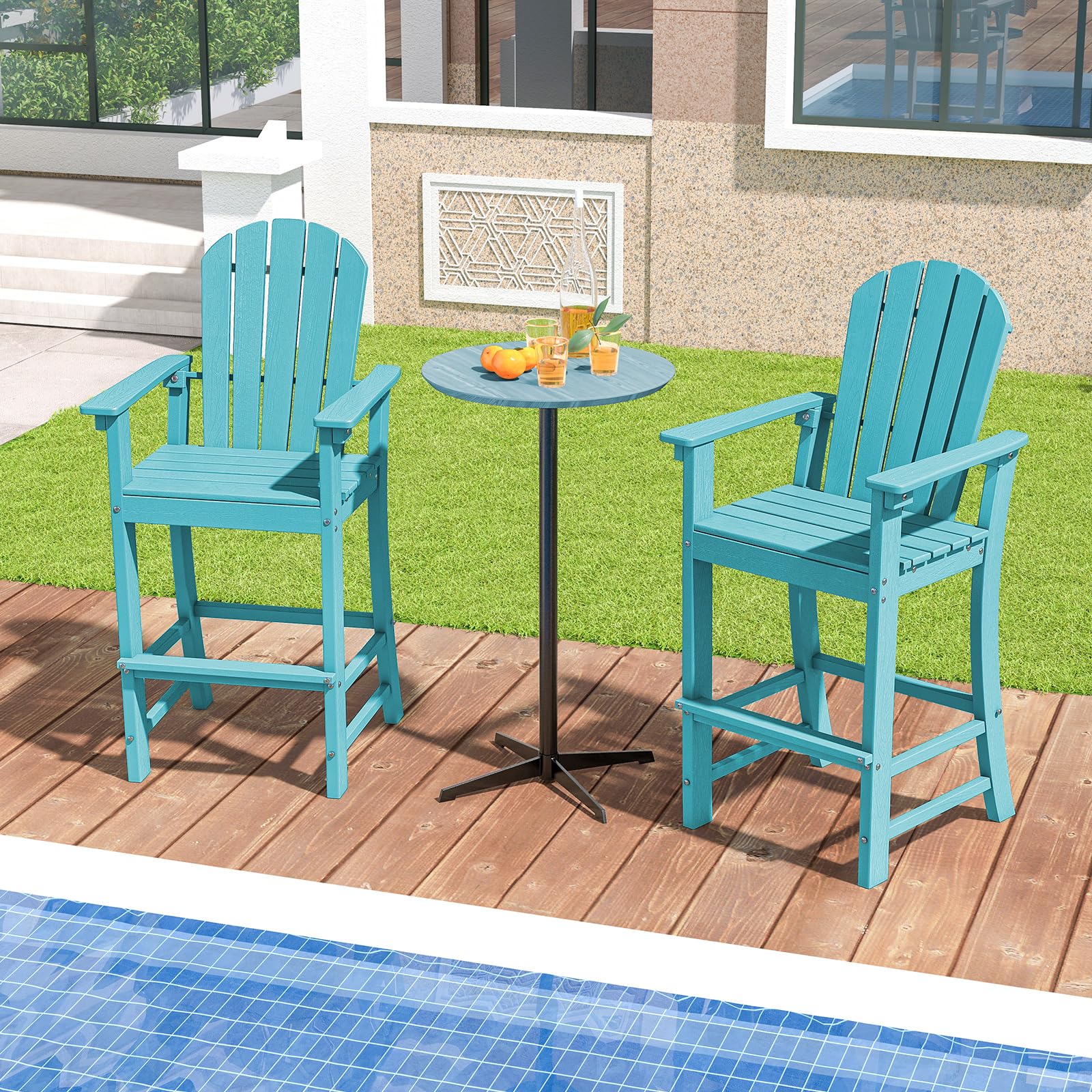 Tangkula Outdoor Tall Adirondack Chair 30 Inches Seat Height, HDPE Bar Height Patio Chair with High Backrest, Armrests and Footrest, Outdoor Bar Stool for Balcony Deck Garden Poolside (2, Turquoise)