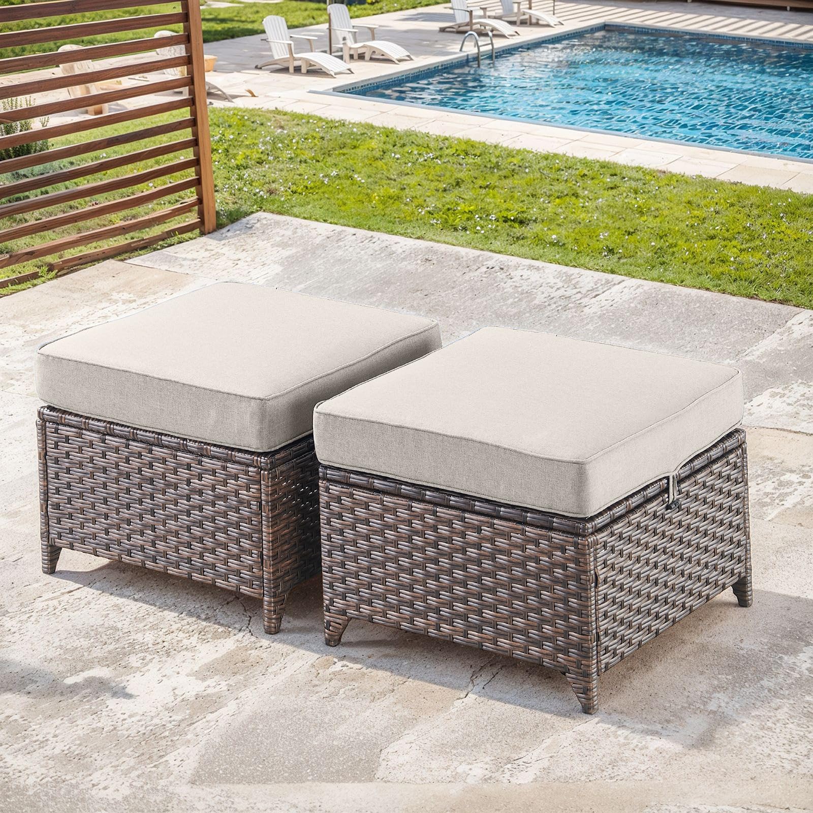 Outdoor Patio Ottoman Set of 2-Rattan Wicker Ottoman Foot Rest with Removable Cushions Cover Outdoor Footstool for Deck Balcony Poolside Backyard-Brown/Beige