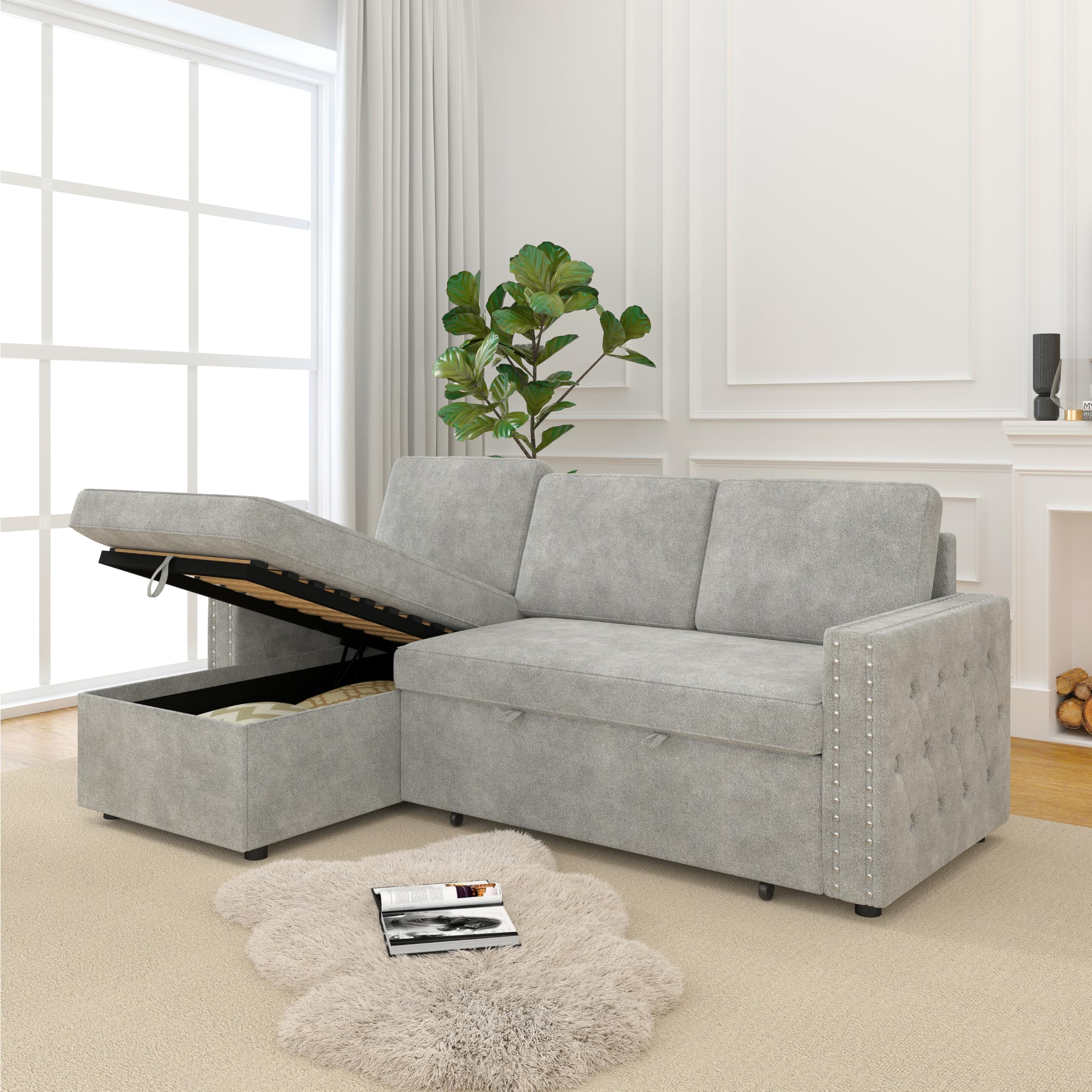 lunhung 85" L-Shaped Sofa Bed, Reversible Modular Sofa Bed with Pull-Out Bed, Storage Sofa Lounge Chair, Chenille, tylish Square Armrests with Nailhead Design for Living Room (Chenille-Light Gray)