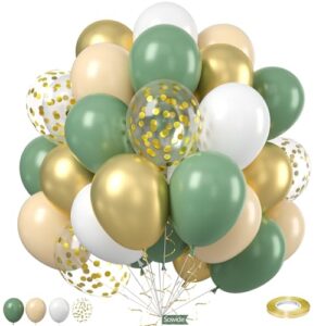 sage green gold balloons, 50pcs 12 inchs green white metallic gold confetti balloons for engagement baby shower anniversary boho wedding bridal shower graduation birthday party decorations