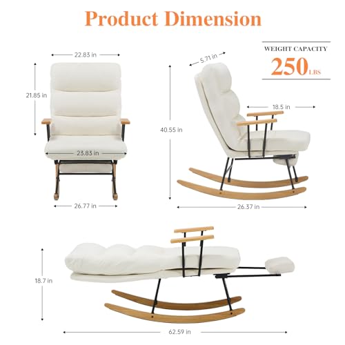 Rocking Chair with Footrest-Glider Rocker Chair with Retractable Footrest and Adjustable Backrest, Teddy Upholstered Rocking Chair, Modern Accent Chair for Living Room/Nursery/Bedroom/Outdoor-Beige