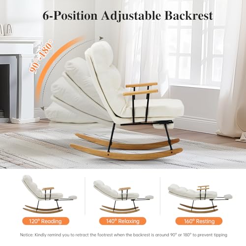 Rocking Chair with Footrest-Glider Rocker Chair with Retractable Footrest and Adjustable Backrest, Teddy Upholstered Rocking Chair, Modern Accent Chair for Living Room/Nursery/Bedroom/Outdoor-Beige