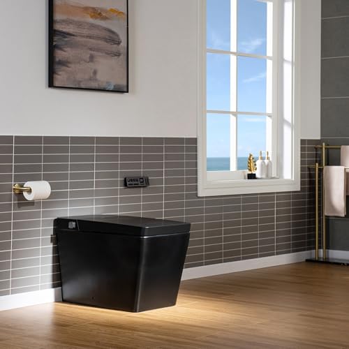 WOODBRIDGE Square Smart Bidet Toilet with Auto Open & Close, Foot Sensor, Auto Flush, Multiple Spray Modes, Heated Seat, Warm Water and Air Dryer, Auto LED Nightlight, Matte Black, EBT-MB03