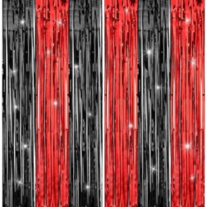 dimeho red and black fringe curtain, 2pcs foil fringe backdrop curtains 3.3 x 6.6 feet red and black tinsel streamers for graduation black and red birthday halloween party backdrop decorations