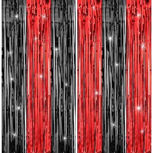 Dimeho Red and Black Fringe Curtain, 2Pcs Foil Fringe Backdrop Curtains 3.3 x 6.6 Feet Red and Black Tinsel Streamers for Graduation Black and Red Birthday Halloween Party Backdrop Decorations