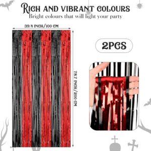 Dimeho Red and Black Fringe Curtain, 2Pcs Foil Fringe Backdrop Curtains 3.3 x 6.6 Feet Red and Black Tinsel Streamers for Graduation Black and Red Birthday Halloween Party Backdrop Decorations