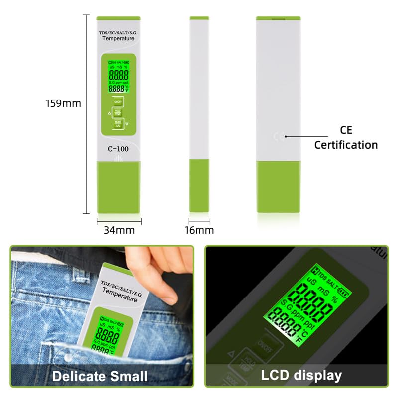 EC Meter 5-in-1 TDS Meter, SG Meter, Salinity Tester,Temp Meter.TDS Meter Digital Water Tester with Horizontal Display,ATC,PPM Meter for Farming,Pools,Drinking Water