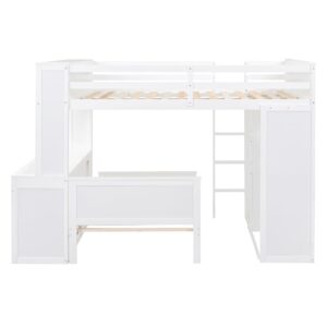 Full Over Twin Bunk Beds with Desk and Drawers , Wooden Full Size Loft Bed with Removable Twin Bed , Wardrobe and Shelves , Storage Bunk Bed with Ladder & Guardrails for Kids Girls Boys , White