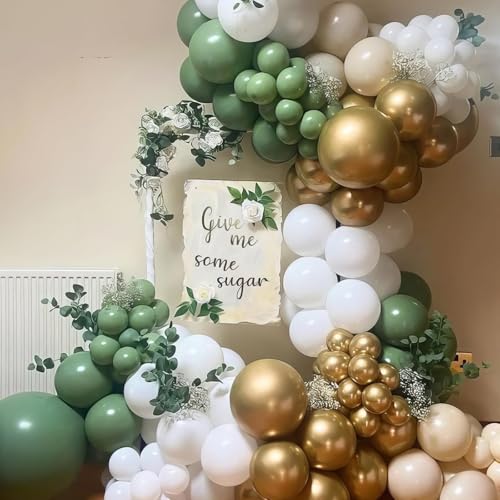 Sage Green Gold Balloons, 50Pcs 12 Inchs Green White Metallic Gold Confetti Balloons for Engagement Baby Shower Anniversary Boho Wedding Bridal Shower Graduation Birthday Party Decorations