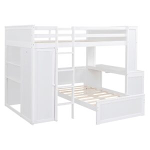 Full Over Twin Bunk Beds with Desk and Drawers , Wooden Full Size Loft Bed with Removable Twin Bed , Wardrobe and Shelves , Storage Bunk Bed with Ladder & Guardrails for Kids Girls Boys , White