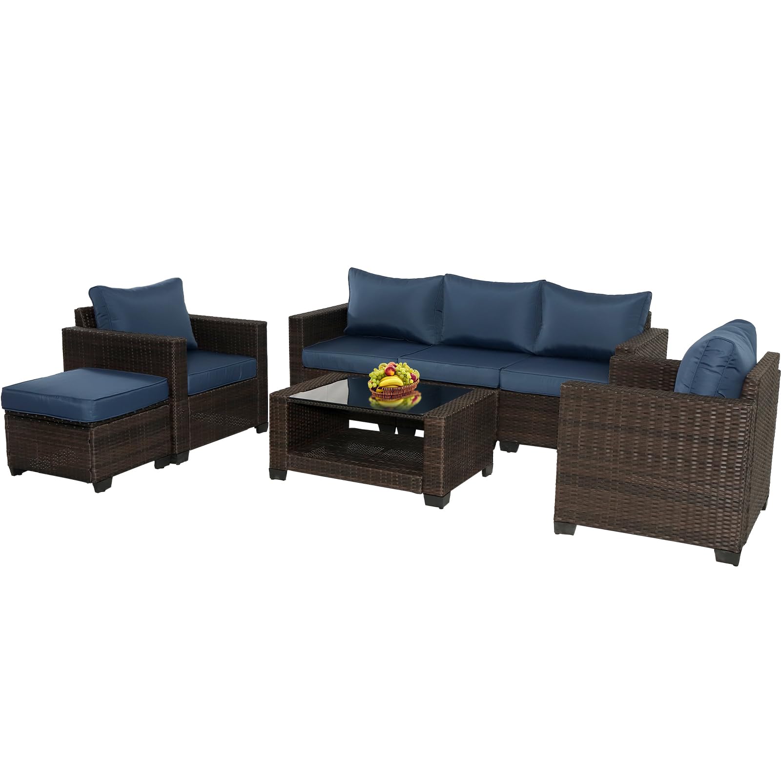 KJDFLJ Patio Furniture Set-Outdoor Furniture Wicker Patio Conversation Set, All-Weather PE Rattan Sectional Sofa with Cushions and Glass Coffee Table (Brown + Dark Blue, Slanting_7-Piece)