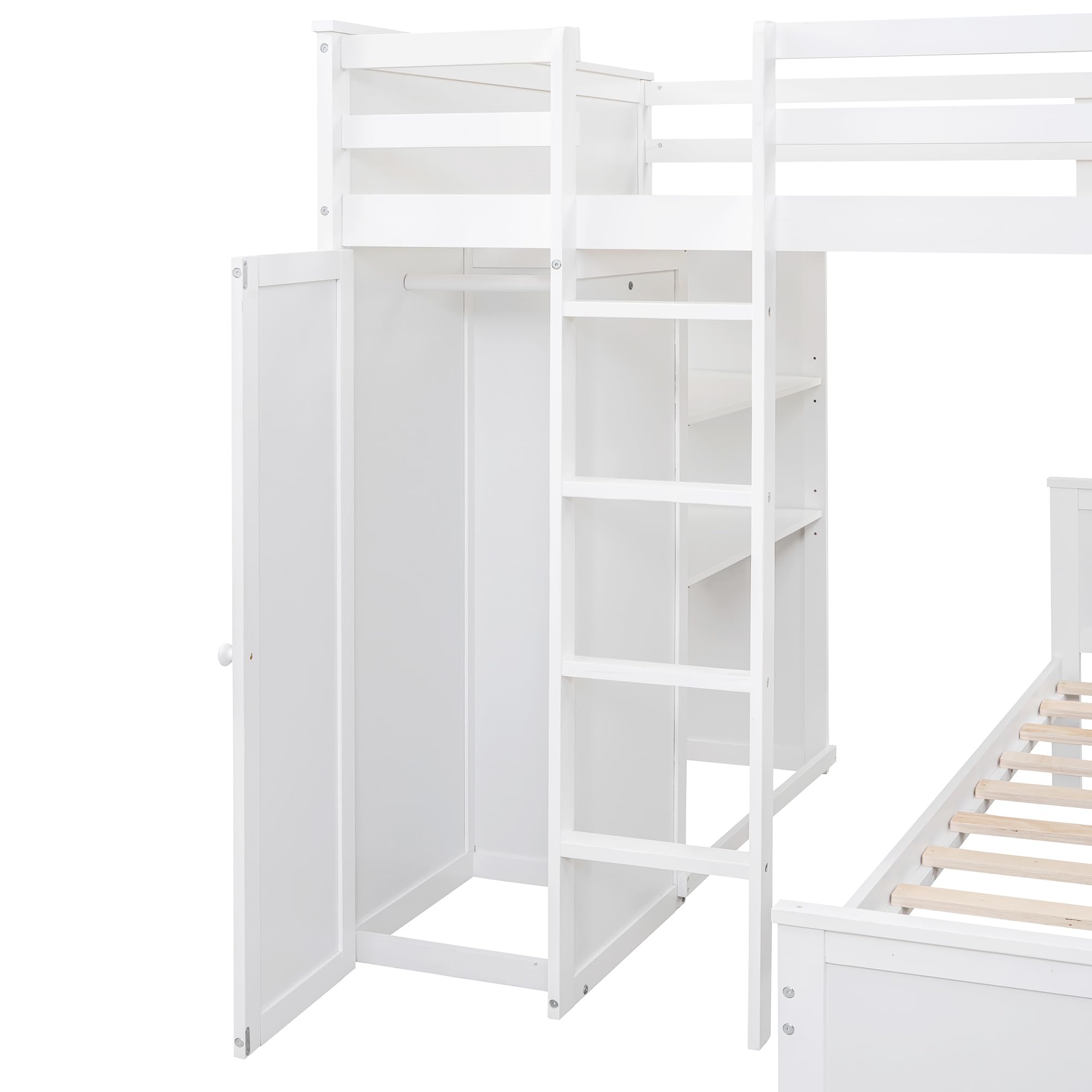 Full Over Twin Bunk Beds with Desk and Drawers , Wooden Full Size Loft Bed with Removable Twin Bed , Wardrobe and Shelves , Storage Bunk Bed with Ladder & Guardrails for Kids Girls Boys , White