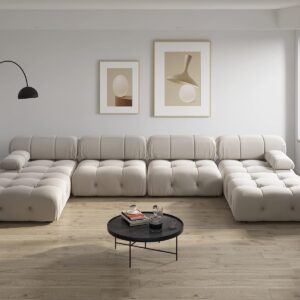 JACH 138" Modular Sectional Couch, U-Shaped Minimalist Velvet Sofas with Chaise Ottomans, Convertible Modern Deep 6-Seat Sofas Furniture for Living Room, Apartment (Beige)