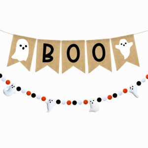 PTFNY Halloween Banner Burlap Boo Banner Ghost Felt Ball Banner Happy Halloween Banner Halloween Decor for Party Halloween Birthday Decorations