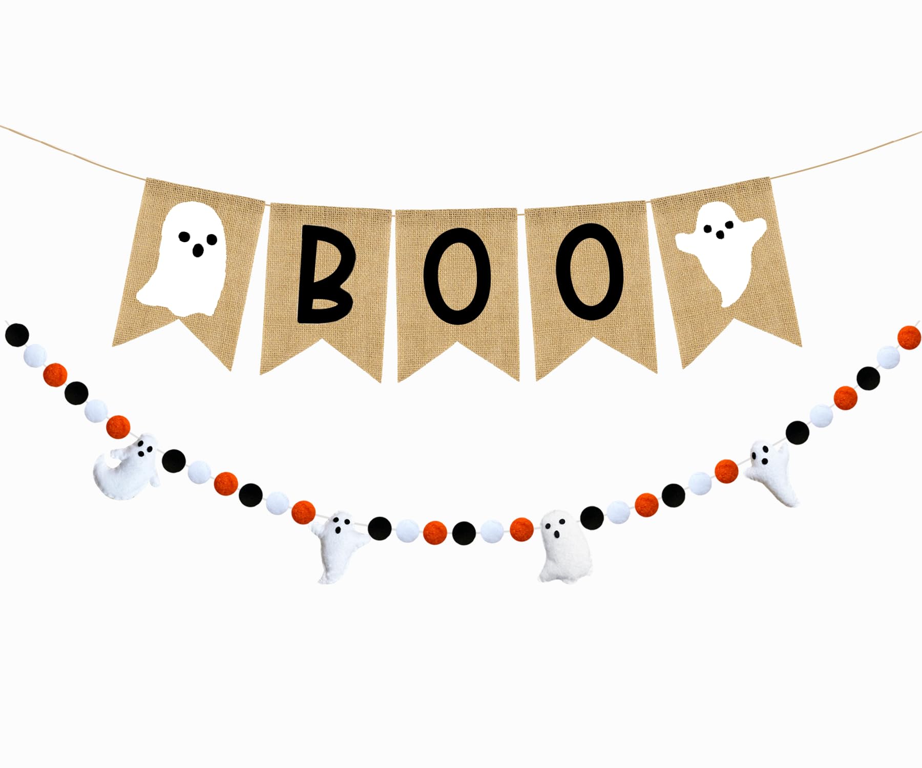 PTFNY Halloween Banner Burlap Boo Banner Ghost Felt Ball Banner Happy Halloween Banner Halloween Decor for Party Halloween Birthday Decorations