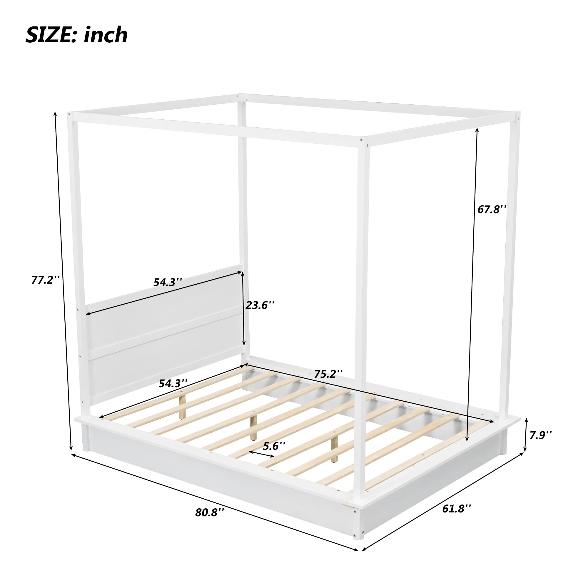 Harper & Bright Designs Full Size Canopy Bed with LED Lights, Wooden Full Platform Bed Frame with Support Slats, No Box Spring Needed, White