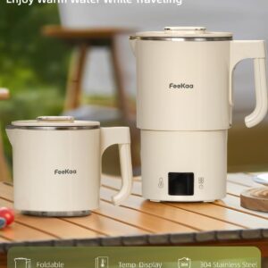 FeeKaa Travel Electric Kettle, Portable Foldable Kettle, 304 Stainless Steel, Small Electric Kettle for Boiling Water with Temperature Control, Tea Kettle for Coffee & Tea, Home & Outdoor, 600ml 600W