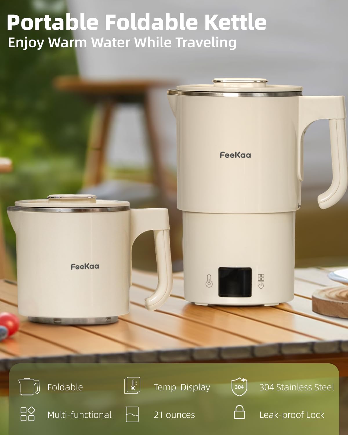 FeeKaa Travel Electric Kettle, Portable Foldable Kettle, 304 Stainless Steel, Small Electric Kettle for Boiling Water with Temperature Control, Tea Kettle for Coffee & Tea, Home & Outdoor, 600ml 600W