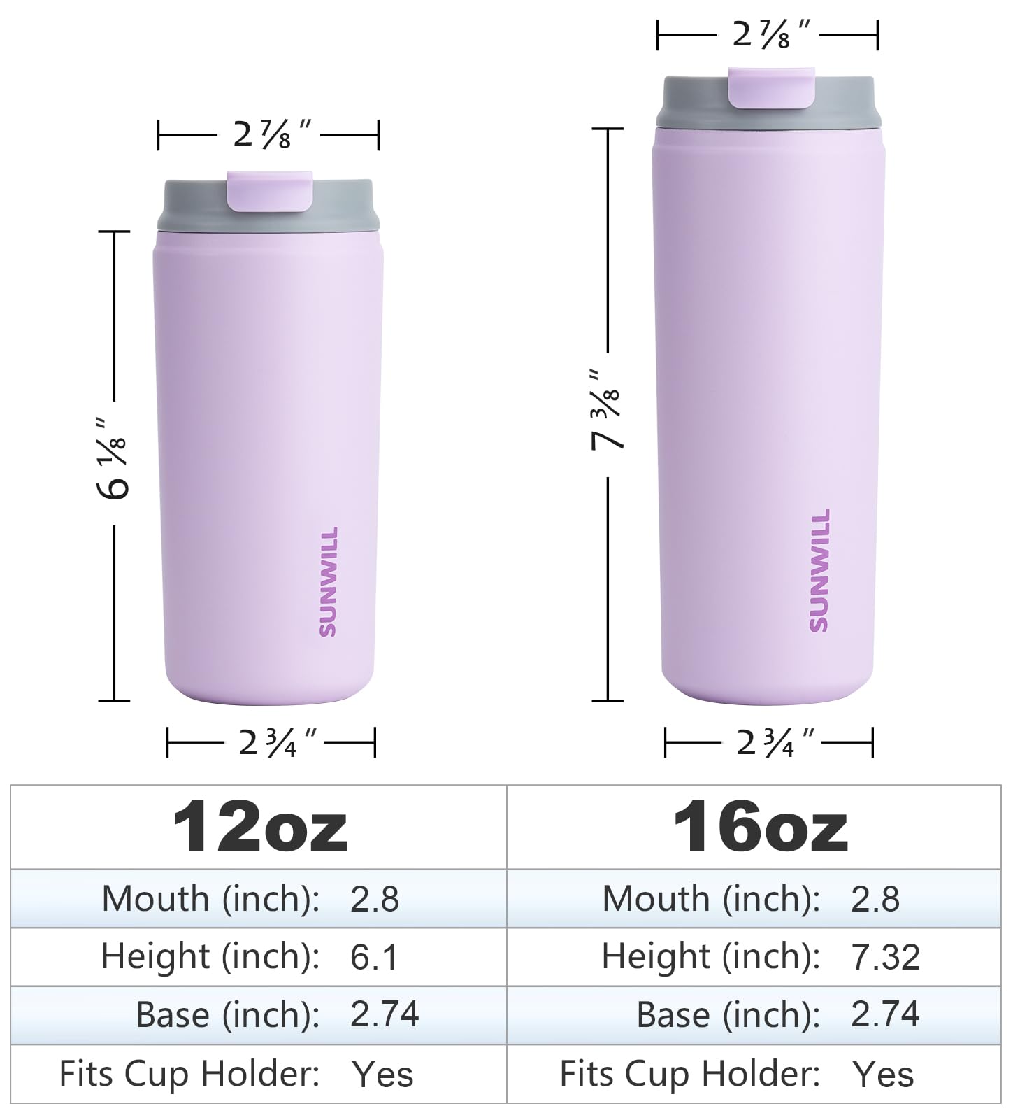 SUNWILL Insulated Coffee Mug with Lid, Leakproof Travel Coffee Tumbler Cups, 12 oz Iced Coffee Cup Powder Coated Lavender